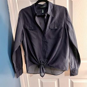 Ralph Lauren silk cotton navy tie front blouse, size L